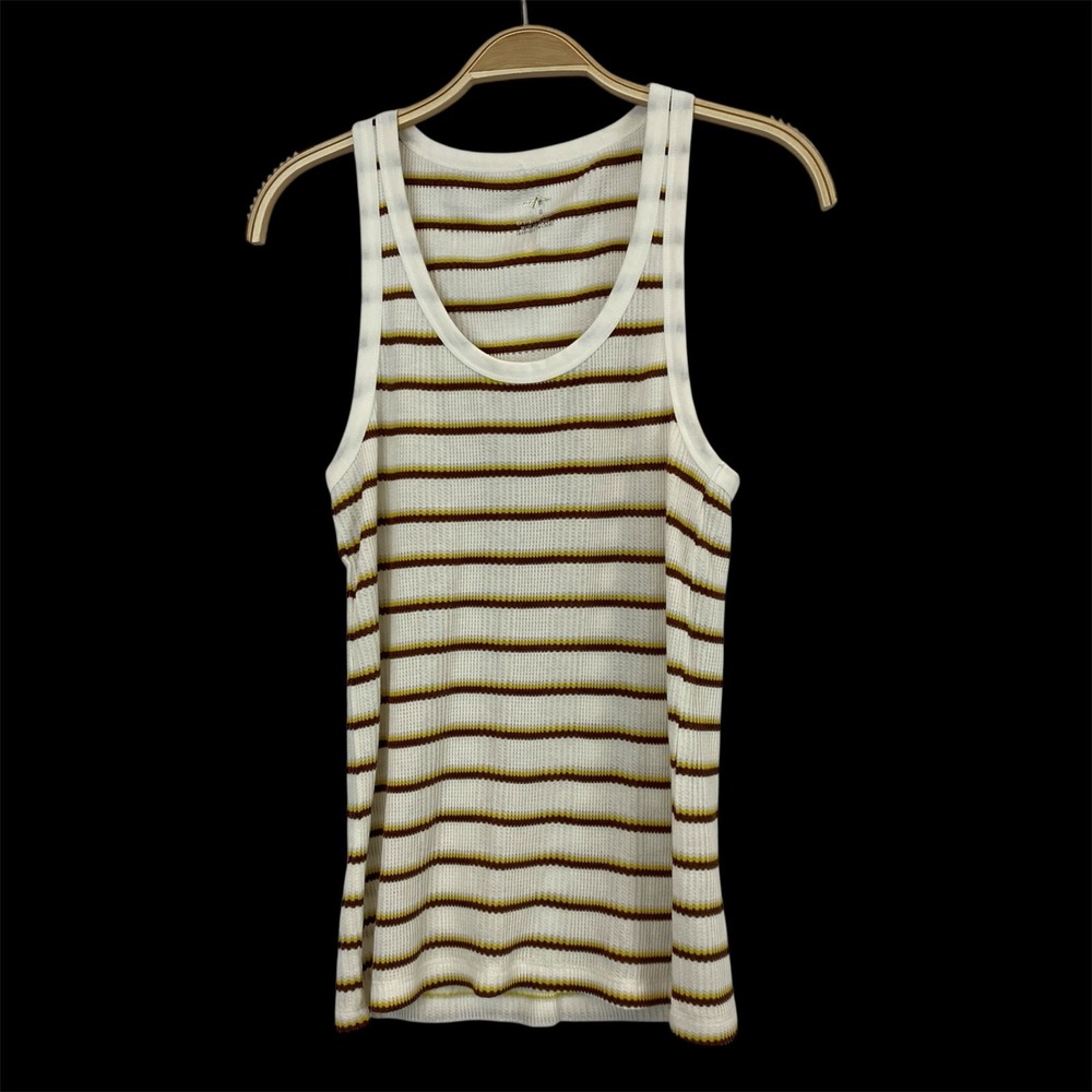 Aerie Y2K Striped Ribbed Knit Tank Top Women L White Brown Yellow 90s Minimalist